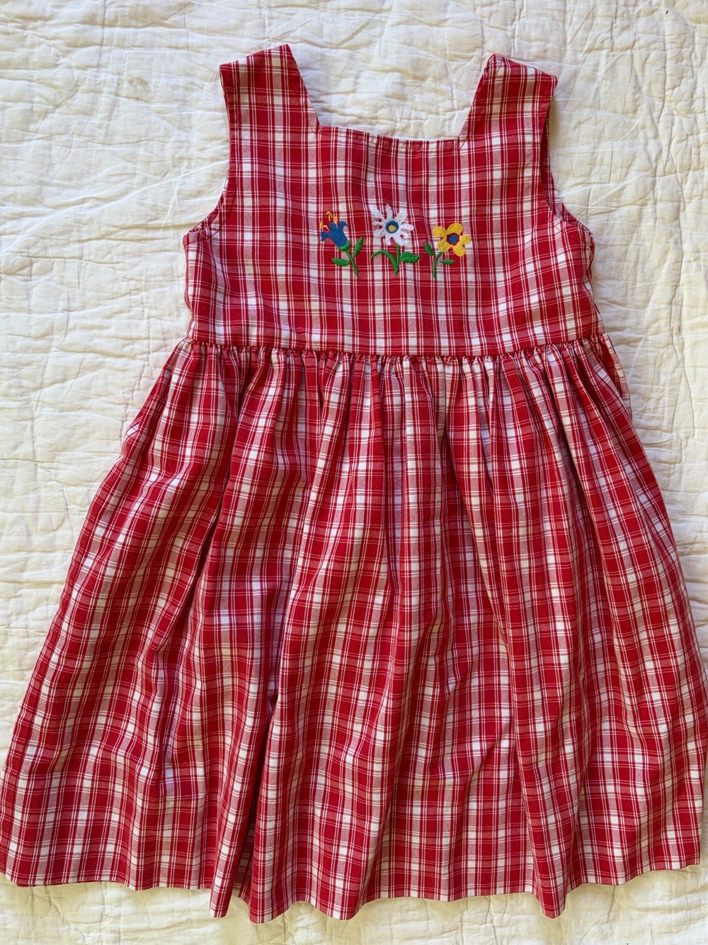 Kelly's Kids Red Plaid Sundress with Embroidered Flowers